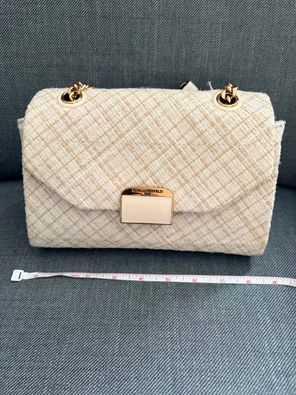 NWT Karl Lagerfeld Paris Tweed Shoulder Bag Cream Gold